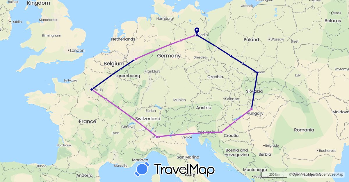 TravelMap itinerary: driving, train in Germany, France, Croatia, Hungary, Italy, Poland (Europe)